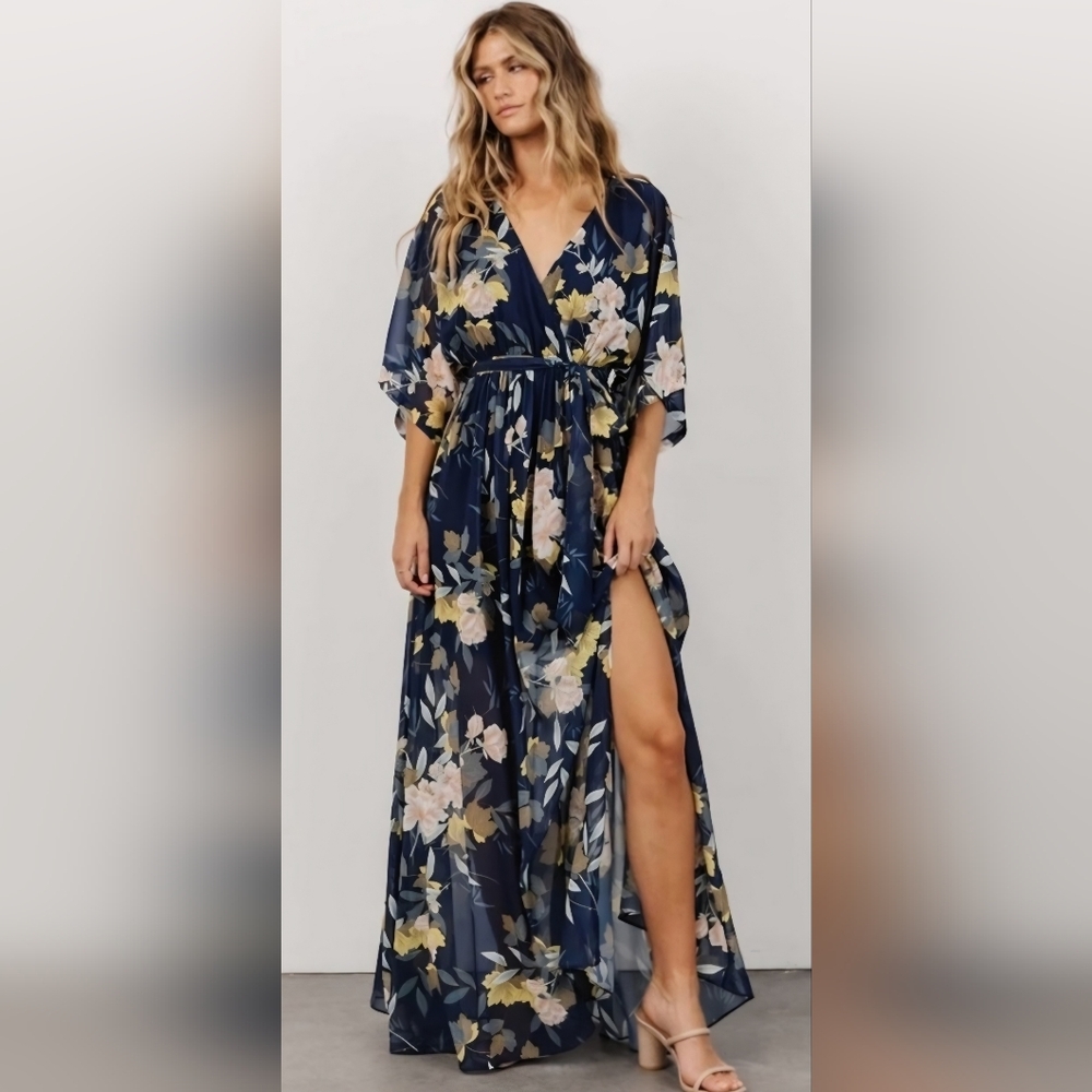 Baltic Born Kia Kimono Floral Maxi Dress in Navy Blue Sz L
